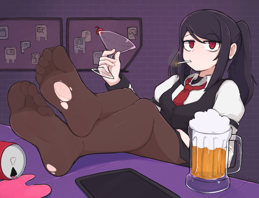 1girl beer_mug black_hair black_skirt black_vest brown_pantyhose cellphone cigarette cocktail_glass collared_shirt crossed_legs cup drinking_glass feet feet_on_table foot_focus foreshortening hand_up highres holding holding_cup indoors jill_stingray juliet_sleeves long_hair long_sleeves looking_at_viewer mug necktie no_shoes pantyhose phone puffy_sleeves purple_background red_eyes red_necktie shadow shirt sitting skirt smartphone smoke smoking softhanten soles solo swept_bangs toes torn_clothes torn_pantyhose va-11_hall-a vest