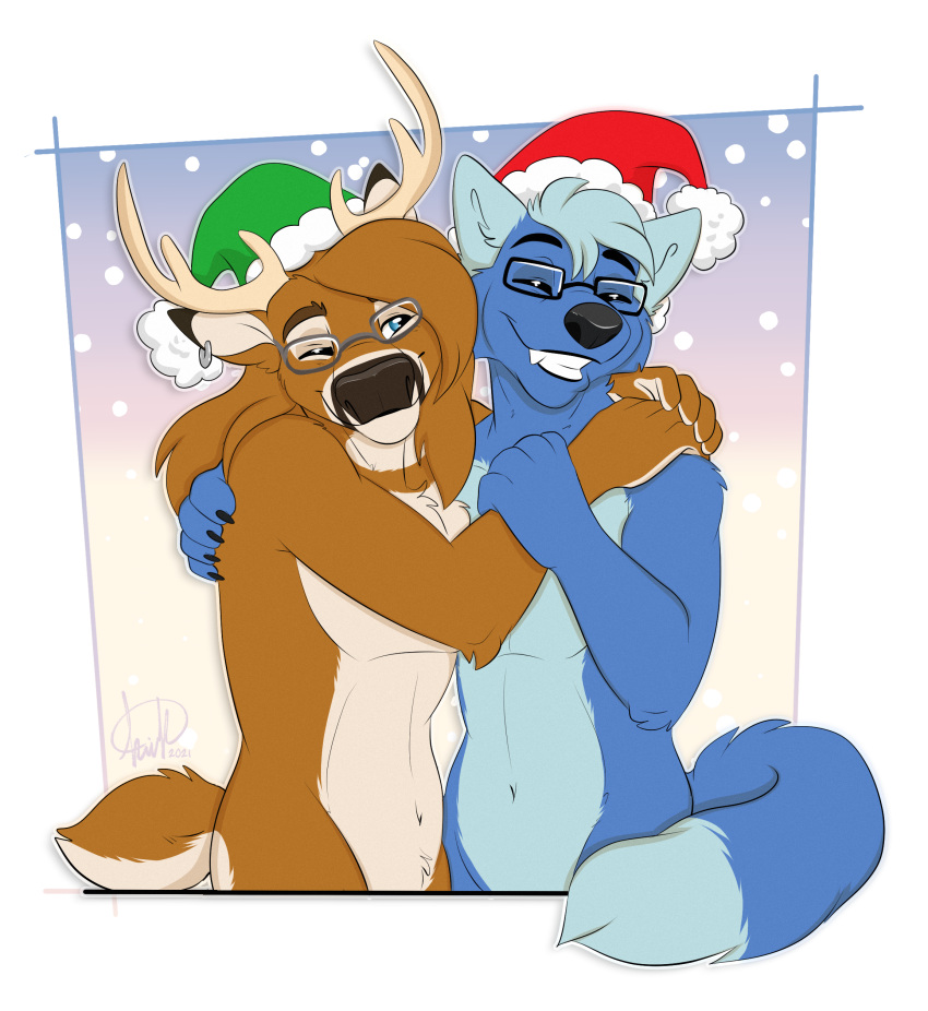 absurd_res anthro antlers black_nose blue_body blue_eyes blue_fur brown_body brown_fur canid canine canis christmas christmas_clothing christmas_headwear clothing deer duo ear_piercing ear_ring embrace ewan_j._redding eyes_closed eyewear friendly fur girly glasses hair hat headgear headwear hi_res holidays horn hug kwik_(artist) long_hair male male/male mammal multicolored_body multicolored_fur new_world_deer piercing ring_piercing santa_hat simple_background smile snow two_tone_body two_tone_fur white-tailed_deer white_body white_fur wolf