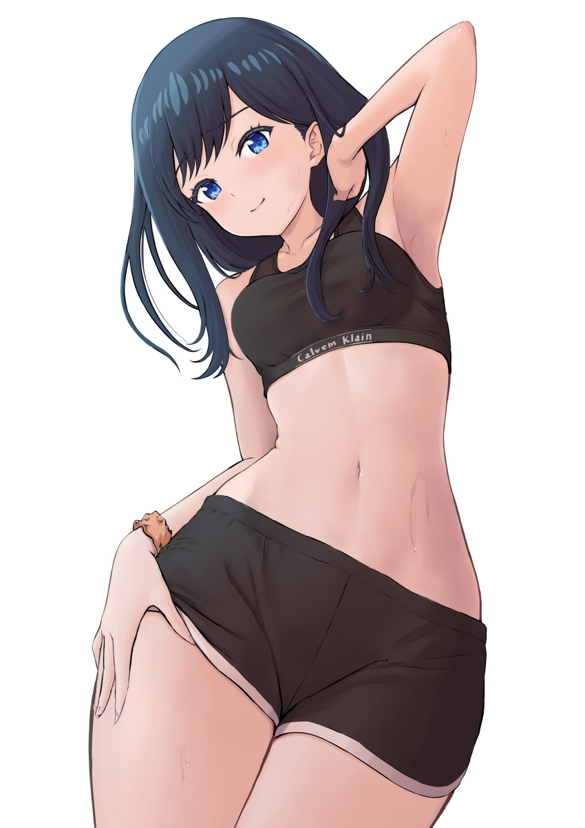 1girl absurdres arm_up black_hair black_sports_bra blue_eyes border brand_name_imitation breasts calvin_klein check_commentary commentary commentary_request commission curvy dolphin_shorts eyelashes gridman_universe gridman_universe_(film) hair_over_shoulder hand_in_own_hair hand_on_own_thigh highres lips looking_at_viewer midriff navel sasasa_r_23 scrunchie short_shorts shorts simple_background skeb_commission small_breasts smile sports_bra ssss.gridman stomach sweat takarada_rikka thighs white_background wide_hips wrist_scrunchie