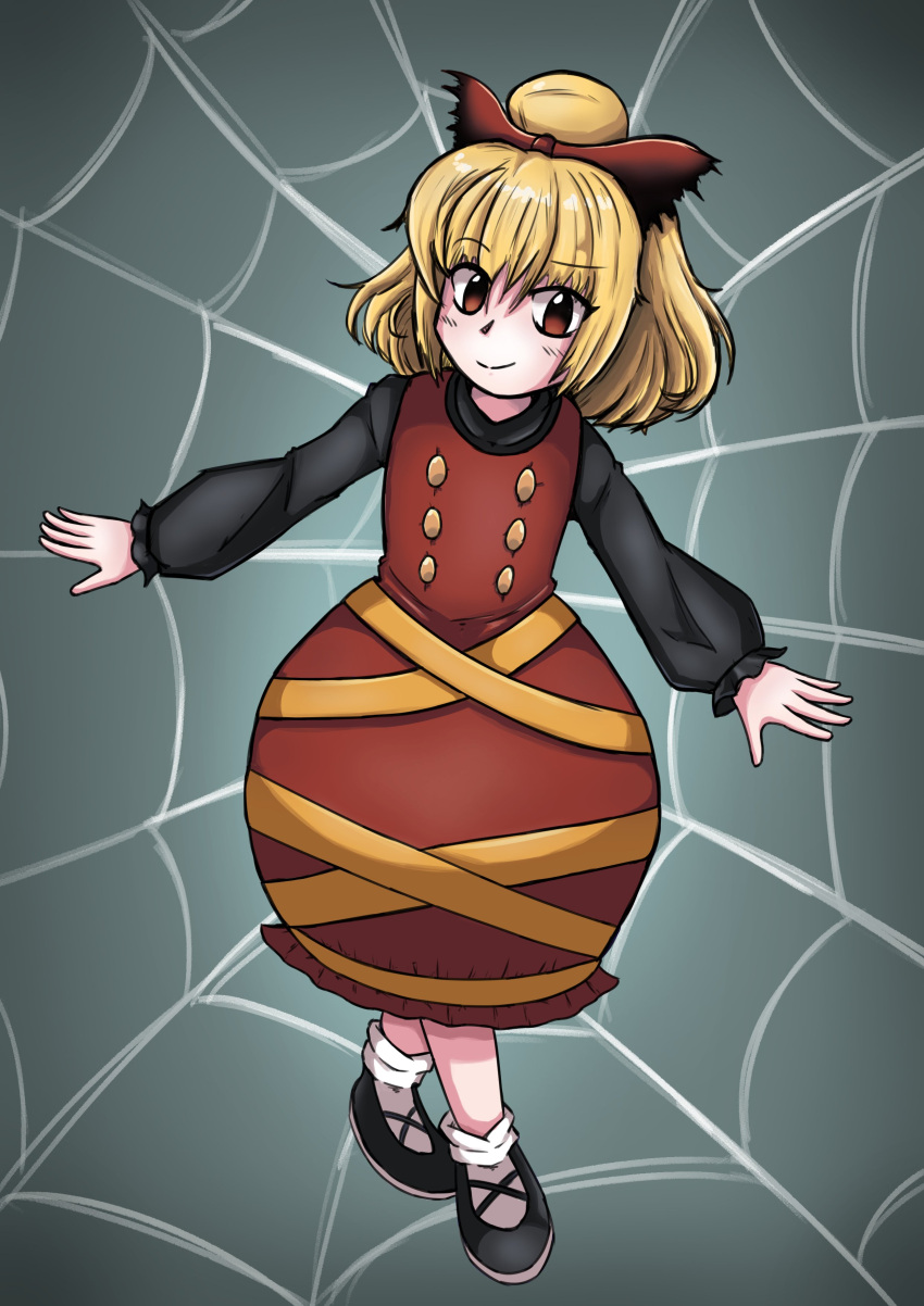 1girl absurdres blonde_hair bow brown_bow brown_dress brown_eyes closed_mouth commentary dress english_commentary full_body grey_background hair_bow highres katlei kurodani_yamame long_sleeves ponytail short_hair silk smile solo spider_web touhou