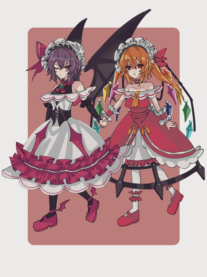 2girls :t adapted_costume ankle_cuffs ankle_wings bat_wings black_corset blonde_hair bow breasts choker collarbone corset crinoline crystal_wings dress flandre_scarlet frilled_cuffs frilled_dress frilled_hairband frills full_body green_brooch hairband hat hat_bow highres holding_hands hua88331 layered_dress mary_janes medium_hair multicolored_wings multiple_girls one_eye_closed one_side_up outside_border pout purple_hair red_background red_bow red_choker red_dress red_eyes remilia_scarlet shoes short_hair small_breasts strapless strapless_dress touhou touhou_gensou_eclipse white_dress white_hairband wings wrist_cuffs