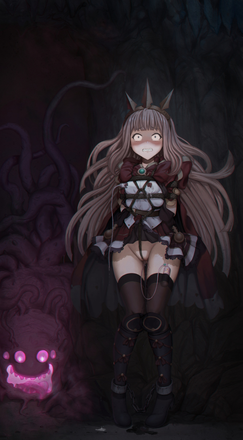 1girl black_footwear black_thighhighs blonde_hair blunt_bangs blush boots breasts brown_cape brown_dress cagliostro_(granblue_fantasy) cape censored chinese_commentary clenched_teeth commentary_request constricted_pupils dress english_commentary full_body granblue_fantasy green_brooch hairband highres long_hair medium_bangs mixed-language_commentary monster mosaic_censoring pussy qisu sex_toy shaded_face shibari shibari_over_clothes small_breasts spiked_hairband spikes standing teeth tentacles thighhighs vibrator vibrator_in_thighhighs