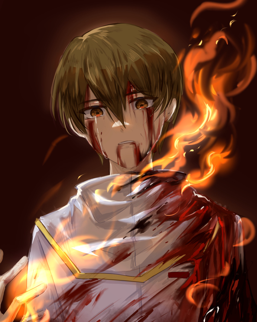 1boy achenyinmeiyouqingshang40916 bleeding_from_forehead blood blood_from_eyes blood_on_clothes blood_on_face brown_hair burning capelet chinese_commentary commentary_request crying crying_with_eyes_open dying fire gold_trim hair_between_eyes highres jabuchi_you looking_at_viewer male_focus saibou_shinkyoku shirt short_hair solo tears white_capelet white_shirt