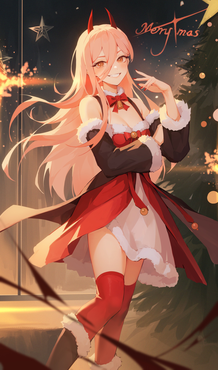 1girl absurdres blonde_hair breasts chainsaw_man christmas christmas_tree cleavage dress fur-trimmed_dress fur-trimmed_jacket fur_trim grin highres horns iamc95 jacket looking_at_viewer merry_christmas off-shoulder_jacket off_shoulder orange_eyes power_(chainsaw_man) red_nails red_thighhighs santa_dress slit_pupils smile solo star_(symbol) thighhighs