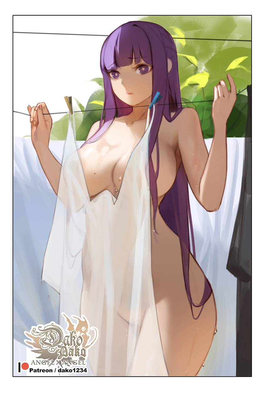 1girl :t artist_logo blunt_bangs breasts clothes_pin clothesline collarbone completely_nude convenient_censoring english_commentary fern_(sousou_no_frieren) hands_up highres hu_dako large_breasts long_hair looking_at_viewer mole mole_on_breast nude paid_reward_available patreon_username pout purple_eyes purple_hair see-through sidelocks simple_background solo sousou_no_frieren straight_hair wet