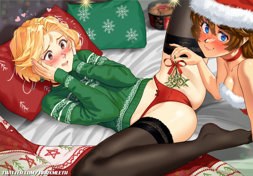 2girls ? black_thighhighs blonde_hair blue_eyes blush bow bow_panties breasts brooke_(mathias_leth) brown_hair choker christmas christmas_sweater commentary dress english_commentary green_sweater hands_on_own_face hat heart imminent_cunnilingus lace-trimmed_legwear lace_trim looking_at_viewer m_legs mathias_leth medium_breasts mistletoe multiple_girls no_pants on_bed original paid_reward_available pale_skin panties pillow red_choker red_dress red_panties santa_dress santa_hat short_hair small_breasts spread_legs stina_(mathias_leth) sweater thighhighs thong underwear wide_spread_legs yuri