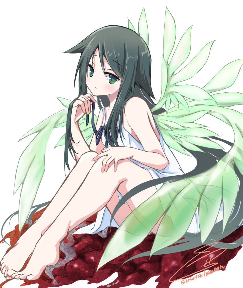 1girl bare_arms barefoot black_hair blood commentary dress flat_chest from_side full_body green_eyes green_wings hand_on_own_knee hand_up highres knees_up leaning_forward long_hair looking_at_viewer parted_bangs parted_lips playing_with_own_hair saya_(saya_no_uta) saya_no_uta sidelocks signature simple_background sitting sleeveless sleeveless_dress solo sundress thighhighs toes twitter_username usetsusakon2 very_long_hair white_background white_dress wings