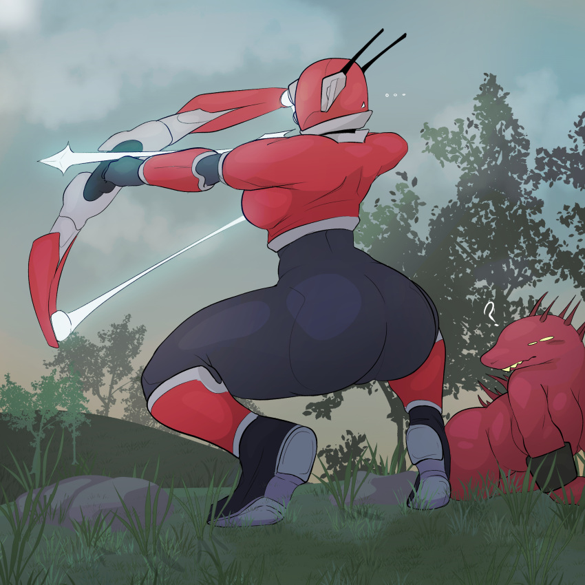 2023 4_eyes acrid alien all_fours anthro armor bamnoodled_(artist) big_breasts big_butt bodysuit bow_(weapon) bracers breasts broly_culo butt chubby_anthro chubby_female clothed clothing cloud crouching cuff_(restraint) duo ellipsis fecharis female footwear grass greaves headgear helmet hi_res hill holding_object holding_weapon huge_breasts humanoid huntress_(risk_of_rain) meme multi_eye nude outside plant question_mark ranged_weapon red_body restraints risk_of_rain scalie shackles sharp_teeth shoes skinsuit sky spikes teeth thick_thighs tight_clothing tree weapon