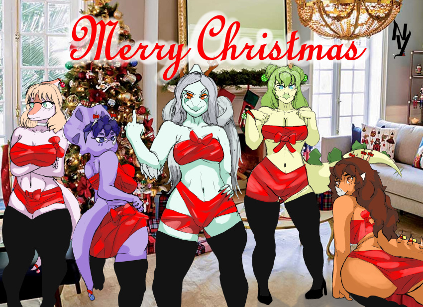3_horns absurd_res all_fours amber_eyes among_us anthro aquilops arm_feathers big_breasts blue_body blue_eyes blue_scales blush bone_frill bow_ribbon breasts brown_hair camel_toe ceratopsian christmas christmas_tree cleavage clothed clothing colored crewmate_(among_us) dinosaur elbow_feathers english_text facial_horn fang_(gvh) feathered_wings feathers female flipping_viewer_off frill_(anatomy) gesture goodbye_volcano_high green_body green_eyes green_hair green_scales group hadrosaurid hair hair_bun hi_res holidays horn innersloth legwear long_hair long_tail looking_at_viewer looking_back looking_back_at_viewer middle_finger multi_horn nalgueon naomi_(gvh) navel nose_horn orange_body orange_scales ornithischian parasaurolophus photo_background photography_(artwork) plant pose pterodactylus pterosaur purple_body purple_eyes purple_scales reptile ribbon_clothing rosa_(gvh) scales scalie silver_hair smile smiling_at_viewer snoot_game snout spiked_tail spikes spikes_(anatomy) standing stegosaurian stegosaurus stella_(snoot_game) stockings tail tail_plates text thigh_gap thigh_highs thyreophoran tree triceratops trish_(gvh) white_body white_scales wings