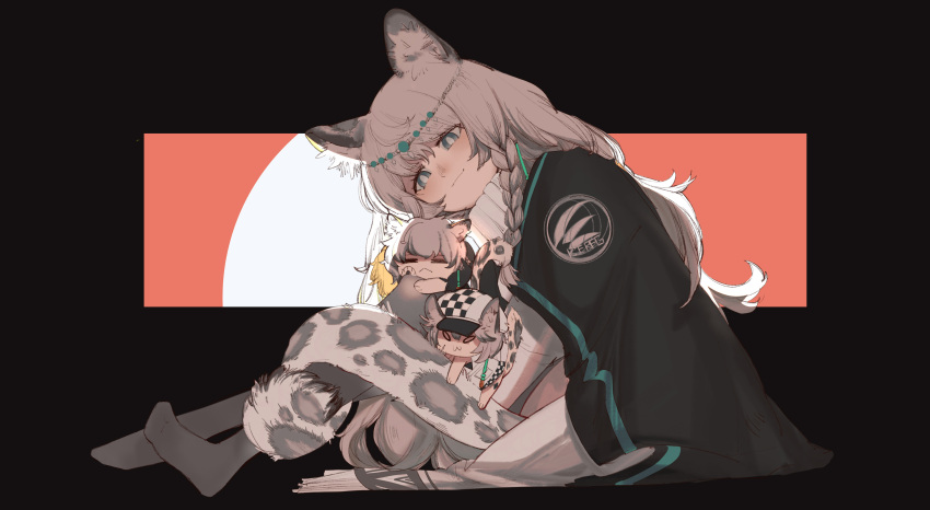 1boy 2girls :&lt; :3 =_= absurdres animal_ear_fluff animal_ears arknights black_cape black_socks blue_eyes braid bright_pupils brother_and_sister cape chibi cliffheart_(arknights) ginqfukya grey_hair hat highres hug leopard_boy leopard_ears leopard_girl leopard_tail long_hair multiple_girls pramanix_(arknights) siblings silverash_(arknights) simple_background sisters socks sweater tail tiara white_headwear white_pupils white_sweater