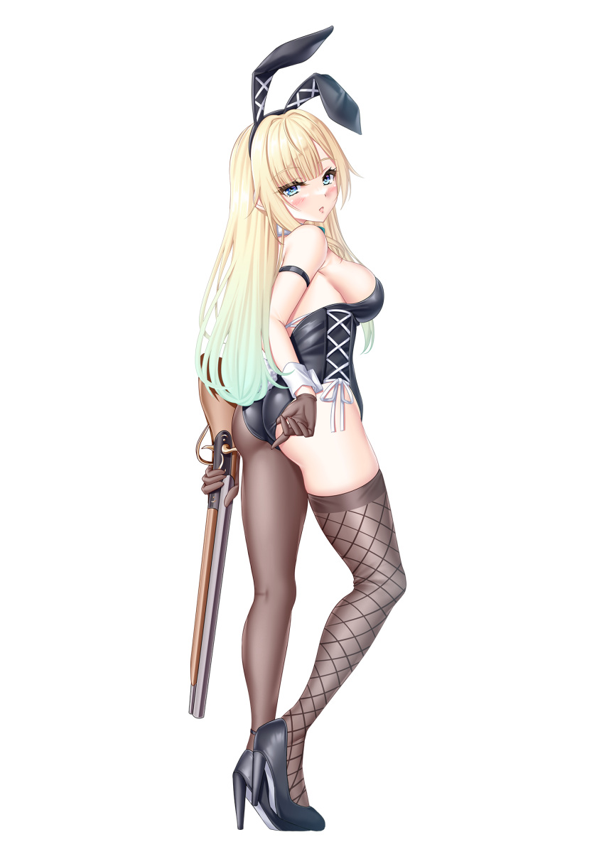 1girl aizawa_ema animal_ears arms_behind_back ass asymmetrical_legwear bare_shoulders black_footwear blonde_hair blue_eyes blunt_bangs breasts brown_gloves brown_pantyhose commentary_request contrapposto detached_collar dot_nose fake_animal_ears fishnet_pantyhose fishnets full_body gloves gun high_heels highleg highleg_leotard highres hisame_shiki knees_apart_feet_together large_breasts leotard light_frown long_hair looking_at_viewer looking_back pantyhose parted_bangs playboy_bunny shotgun sideboob single_thighhigh solo standing thighhighs virtual_youtuber vspo! weapon wrist_cuffs