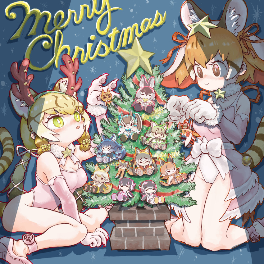 6+girls absurdres african_penguin_(kemono_friends) animal_ears bara_bara_(pop_pop) brown_eyes brown_hair brown_long-eared_bat_(kemono_friends) caracal_(kemono_friends) cat_ears cat_girl cat_tail christmas christmas_ornaments christmas_tree coyote_(kemono_friends) dire_wolf_(kemono_friends) elbow_gloves extra_ears geoffroy's_cat_(kemono_friends) gloves green_eyes grey_hair highres humboldt_penguin_(kemono_friends) island_fox_(kemono_friends) jungle_cat_(kemono_friends) kemono_friends kemono_friends_v_project large-spotted_genet_(kemono_friends) leotard long_hair merry_christmas multiple_girls ribbon shoes siberian_chipmunk_(kemono_friends) tail twintails virtual_youtuber
