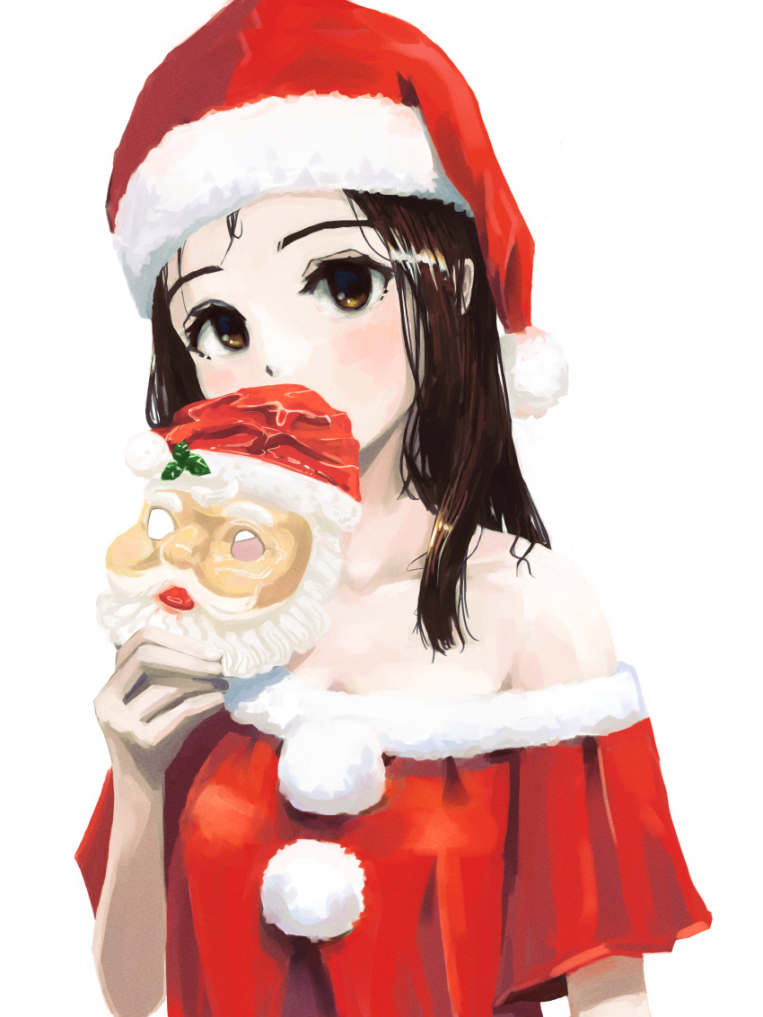 1girl absurdres brown_eyes brown_hair christmas dress fur-trimmed_dress fur-trimmed_headwear fur_trim hat highres holding holding_mask long_hair looking_at_viewer mask okura_lino original red_dress red_headwear santa_dress santa_hat santa_mask simple_background solo white_background