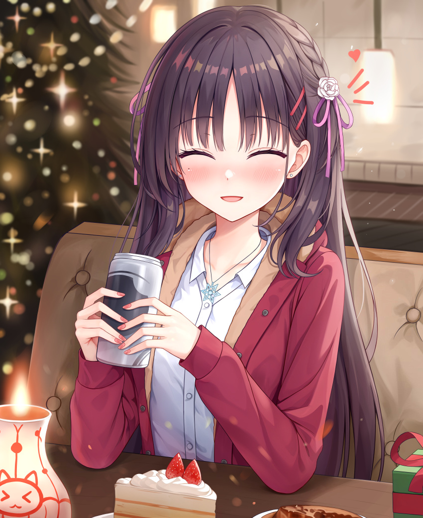 1girl :d ^_^ absurdres black_hair blurry blurry_background blush braid cafe_stella_to_shinigami_no_chou cake cake_slice can candle casual cc_lin chinese_commentary christmas christmas_tree closed_eyes coat collared_shirt commentary earrings elbows_on_table english_commentary eyelashes facing_viewer flower food fruit fur-trimmed_hood fur_trim hair_between_eyes hair_flower hair_ornament hair_ribbon hands_up happy heart highres holding holding_can hood hood_down indoors jewelry long_hair mixed-language_commentary mole mole_under_eye nail_polish notice_lines official_alternate_costume open_clothes open_coat open_mouth pink_nails pink_ribbon red_coat ribbon rose shiki_natsume shirt side_braid sitting smile snowflake_necklace snowflakes solo sparkle straight_hair strawberry stud_earrings upper_body very_long_hair white_flower white_rose white_shirt