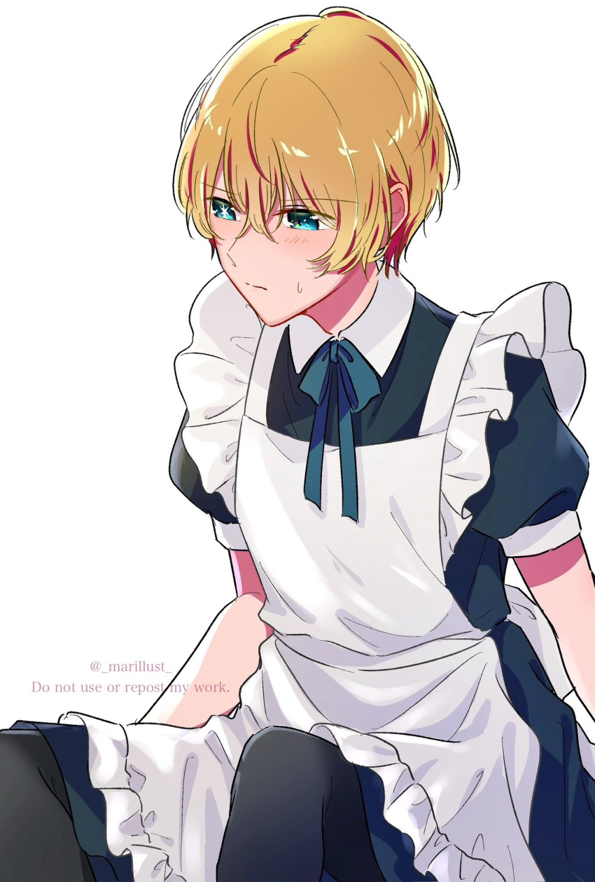 1boy apron black_pantyhose black_shirt blonde_hair blue_eyes closed_mouth highres hoshino_aquamarine maid maid_apron male_focus marillust oshi_no_ko otoko_no_ko pantyhose shirt short_hair short_sleeves solo star_(symbol) symbol-shaped_pupils