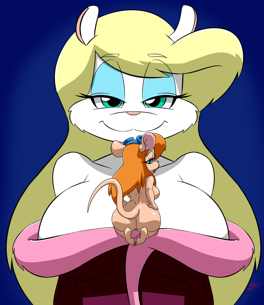 :3 animaniacs anthro bedroom_eyes big_breasts big_butt blonde_hair blue_eyes breasts butt chip_'n_dale_rescue_rangers cleavage clothed clothing disney duo eyewear female gadget_hackwrench gblastman goggles hair half-closed_eyes huge_breasts looking_at_viewer mammal micro minerva_mink mink mouse mustelid nude orange_hair pink_nose pussy rodent seductive size_difference
