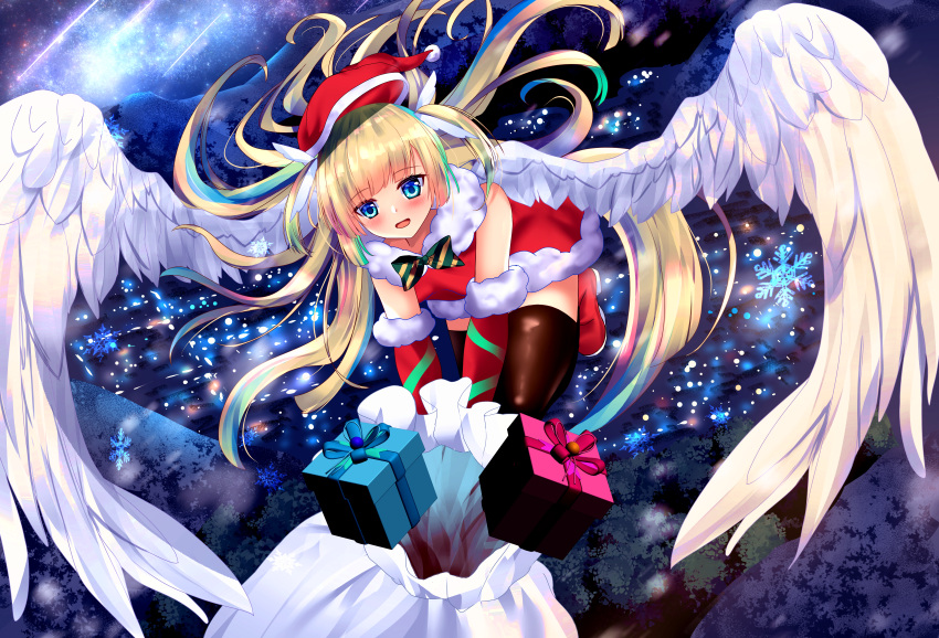 1girl absurdres alternate_costume angel angel_wings bare_shoulders black_thighhighs blonde_hair blue_eyes blue_hair blunt_bangs blush boots bow box christmas city_lights commentary dress elbow_gloves floating_hair flying from_above full_body fur-trimmed_dress fur-trimmed_gloves fur_trim gift gift_bag gift_box gloves green_bow hat highres izumikuu long_hair looking_at_viewer mountainous_horizon multicolored_hair night open_mouth outdoors santa_boots santa_costume santa_dress santa_gloves santa_hat shirayuki_noa shooting_star short_dress sky sleeveless sleeveless_dress smile snowflakes solo star_(sky) starry_sky streaked_hair tenshi_souzou_re-boot! thighhighs two_side_up very_long_hair white_wings wing_hair_ornament wings zettai_ryouiki