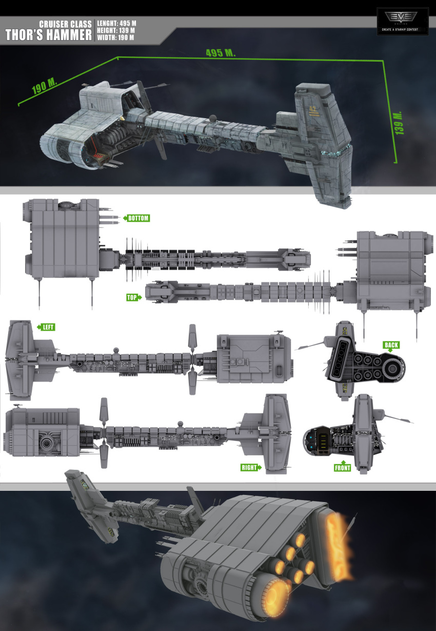 3d abbadonfix battlecruiser_(eve_online) caldari_state_(eve_online) commentary concept_art copyright_name eve_online flying from_side glowing highres logo machinery military_vehicle multiple_views no_humans original radio_antenna realistic reference_sheet science_fiction spacecraft thrusters