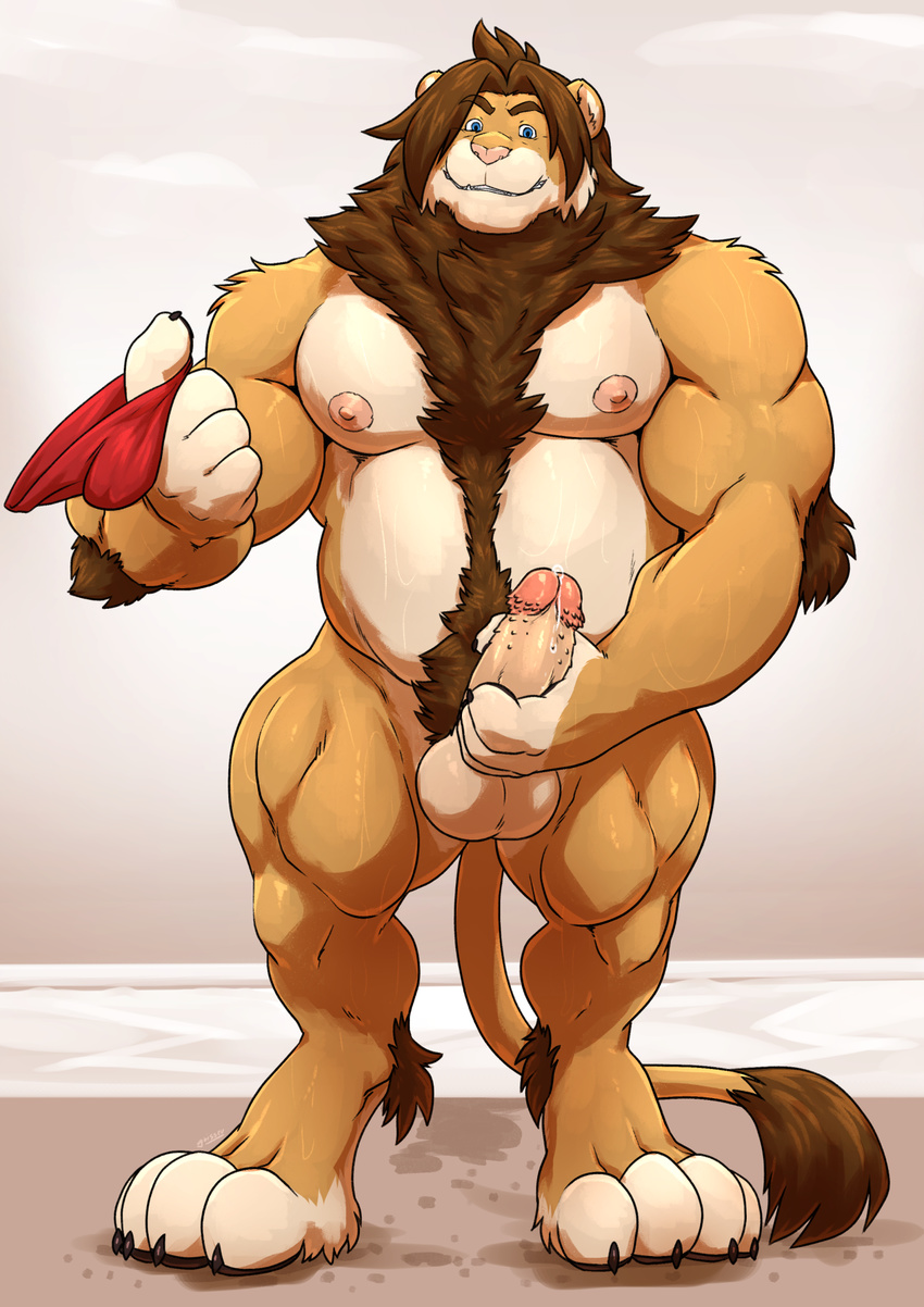 2017 anthro balls barazoku barbed_penis barefoot belly biceps biped body_hair chest_hair chest_tuft clothing digital_media_(artwork) erection feline front_view fur glans grisser hair hi_res holding_clothing huge_muscles humanoid_penis hybrid_penis lion looking_at_viewer male mammal manly musclegut muscular muscular_male nipples nude overweight overweight_male pecs penis precum pubes simple_background smile solo standing tuft underwear