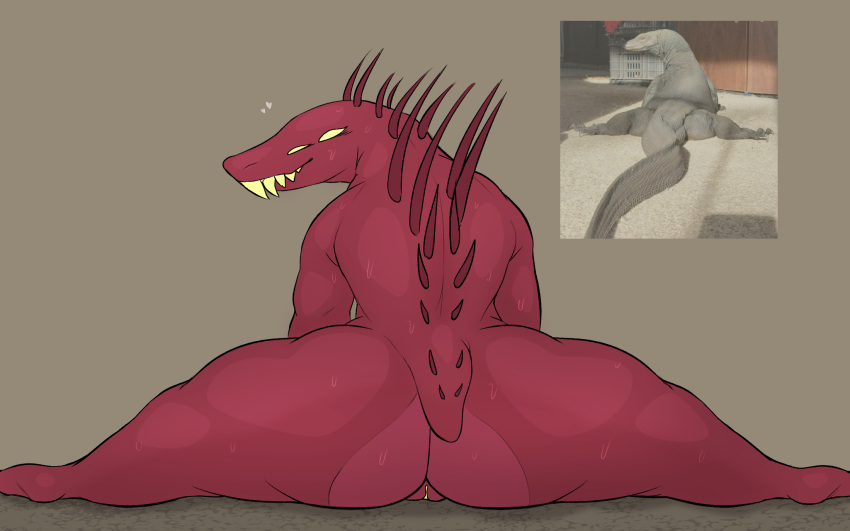 &lt;3 2023 4_eyes acrid alien anthro bamnoodled_(artist) big_butt bodily_fluids butt female flexible full-length_portrait genitals hi_res looking_at_viewer looking_back multi_eye nude photo_reference portrait pussy rear_view red_body risk_of_rain scalie sharp_teeth short_tail sitting smile solo spikes splits spread_legs spreading sweat tail teeth thick_thighs