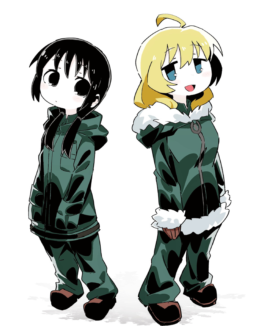 2girls absurdres ahoge arms_at_sides black_eyes black_hair blonde_hair blue_eyes blush boots brown_footwear brown_gloves chito_(shoujo_shuumatsu_ryokou) closed_mouth commentary_request enpera full_body fur-trimmed_hood fur-trimmed_jacket fur_trim gloves green_jacket green_pants hands_in_pockets highres hood hood_down hooded_jacket jacket long_hair long_sleeves looking_at_viewer low_twintails military_jacket multiple_girls open_mouth pants shoujo_shuumatsu_ryokou simple_background smile standing the_omoti twintails white_background yuuri_(shoujo_shuumatsu_ryokou)