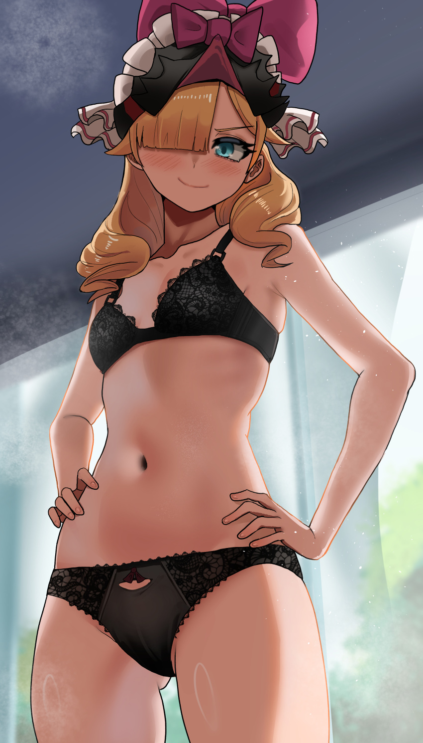 1girl absurdres black_bra black_panties blonde_hair blue_eyes blush bow bra breasts commission fire_emblem fire_emblem_engage frilled_headwear hair_over_one_eye hands_on_own_hips hat hat_bow highres indoors lace-trimmed_bra lace-trimmed_panties lace_trim looking_at_viewer marni_(fire_emblem) navel panties small_breasts smile solo steam steaming_body two-tone_headwear underwear zd_(pixiv6210083)