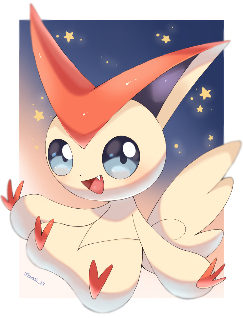 animal_focus artist_name blue_background blue_eyes border brown_fur commentary_request fang gradient_background highres iwasi_29 no_humans open_mouth orange_background pokemon pokemon_(creature) smile tail twitter_username victini white_border