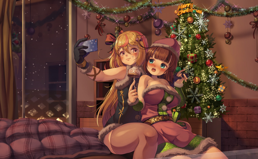 2girls absurdres black_leggings blonde_hair blue_eyes blush breasts brown_hair cake cake_slice christmas christmas_tree cleavage food fork hat highres holding holding_fork holding_hands holding_phone large_breasts leggings long_hair looking_at_another medium_hair multiple_girls original phone purple_eyes santa_hat selfie taking_picture thighs wanashi_tam window yuri