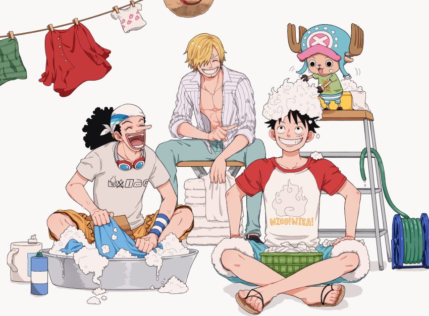 4boys ^_^ antlers black_hair blonde_hair blue_pants bubble closed_eyes commentary crossed_legs curly_eyebrows goatee_stubble goggles goggles_around_neck green_shirt hair_over_one_eye hat highres hocpoc ladder laundry laundry_basket looking_up male_focus monkey_d._luffy multiple_boys mustache_stubble one_piece open_clothes open_shirt pants red_shirt reindeer_antlers sandals sanji_(one_piece) scar scar_on_face shirt shorts simple_background sitting smile straw_hat striped striped_shirt tony_tony_chopper usopp washing_clothes white_background wristband