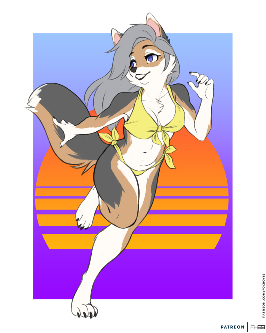anthro bikini bikini_bottom bikini_top breasts brown_body brown_fur canid canine canis cheek_tuft chest_tuft cleavage clothed clothing colored digital_media_(artwork) dipstick_tail facial_tuft female flat_colors foxboy83 full-length_portrait fur grey_body grey_fur grey_hair hair hi_res jackal long_hair mammal markings midriff navel portrait purple_eyes running simple_background solo swimwear tail tail_markings tuft white_body white_fur yellow_bikini yellow_clothing yellow_swimwear