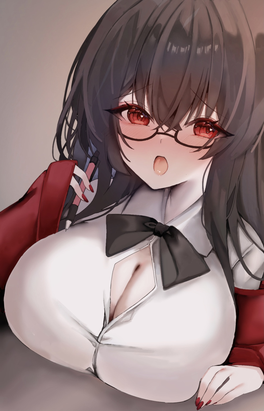 1girl ahoge azur_lane black_bow black_bowtie black_hair bow bowtie bra_visible_through_clothes breasts button_gap glasses highres huge_ahoge ichigo_moka jacket large_breasts long_hair looking_at_viewer loose_bowtie mechanical_pencil nail_polish official_alternate_costume pencil red_eyes red_jacket red_nails round_eyewear shirt shirt_tucked_in solo taihou_(azur_lane) taihou_(sweet_time_after_school)_(azur_lane) white_shirt