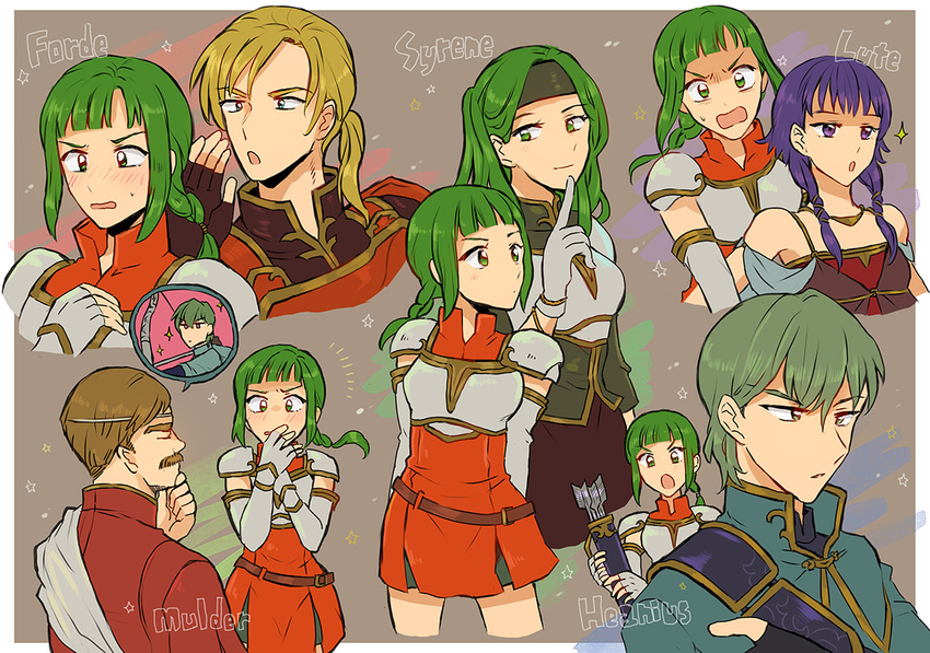 3girls armor arrow bare_shoulders blonde_hair blouse blush bracer breastplate breasts brown_hair capelet character_name closed_eyes dress elbow_gloves facial_hair fingerless_gloves fire_emblem fire_emblem:_seima_no_kouseki flat_chest forde gloves green_eyes green_hair hand_on_own_chest hand_to_own_mouth headband index_finger_raised innes long_hair lute_(fire_emblem) moulder multiple_boys multiple_girls multiple_views mustache noshima open_mouth ponytail purple_eyes purple_hair quiver robe short_hair siblings sidelocks sisters sleeveless sleeveless_dress small_breasts sparkle spoken_person sweatdrop syrene vanessa_(fire_emblem) wavy_mouth white_gloves