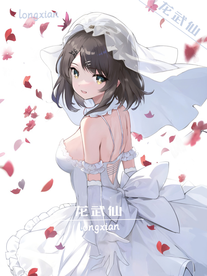 1girl artist_name backless_dress backless_outfit bare_shoulders breasts brown_eyes brown_hair copyright_request dress elbow_gloves frilled_dress frills gloves highres long_wuxian looking_at_viewer looking_to_the_side medium_breasts petals see-through simple_background smile solo swept_bangs veil white_background white_dress white_gloves