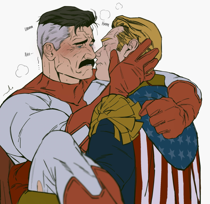 2boys bara black_hair blonde_hair blue_eyes blush bonjourdraws cape clenched_teeth closed_eyes colored_skin crossover english_text facial_hair furrowed_brow gloves grey_hair half-closed_eyes highres homelander imminent_kiss invincible_(series) looking_at_another male_focus mature_male moaning multicolored_hair multiple_boys muscular muscular_male mustache omni-man simple_background superhero sweat teeth the_boys thick_arms thick_mustache two-tone_bodysuit two-tone_hair white_background white_skin yaoi