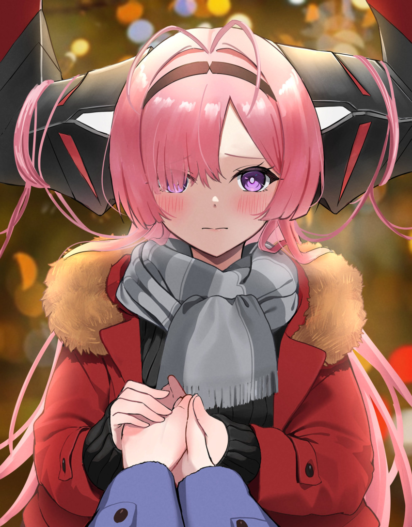 1girl absurdres antenna_hair azur_lane black_hairband black_sweater blue_coat blurry blurry_background blush closed_mouth coat commander_(azur_lane) commentary_request grey_scarf hair_on_horn hair_over_one_eye hairband hands_up highres holding_hands large_horns long_hair long_sleeves looking_at_viewer pink_hair pov prinz_rupprecht_(azur_lane) purple_eyes red_coat scarf soul_(dp11) sweater upper_body