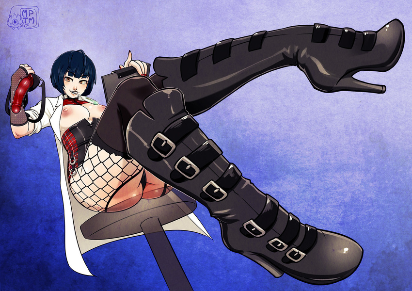 1girl areolae ass blue_hair breasts brown_eyes clipboard corset eyebrows eyebrows_visible_through_hair garter_belt high_heel_boots holding labcoat looking_at_viewer medium_breasts mole mouth_hold my_pet_tentacle_monster nail_polish nipples panties persona persona_5 red_nails sex_toy short_hair sitting solo stool strap-on takemi_tae teeth thermometer thighhighs