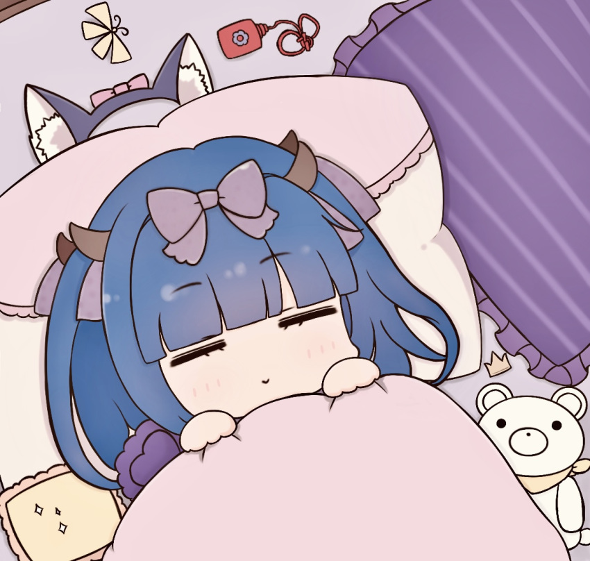 1girl animal_ear_fluff animal_ears azur_lane blue_hair bow cat_ears chibi chibi_only closed_eyes commentary fake_animal_ears frilled_pillow frills futaba_(anti_clockwise) hair_bow ibuki_(azur_lane) pillow sleeping stuffed_animal stuffed_toy symbol-only_commentary teddy_bear