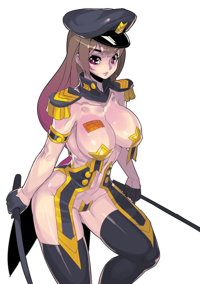 absurdres black_legwear breasts brown_eyes brown_hair cleavage collarbone dual_wielding epaulettes fengmo hat highres holding large_breasts lips long_hair mole riding_crop simple_background solo thighhighs thighs white_background