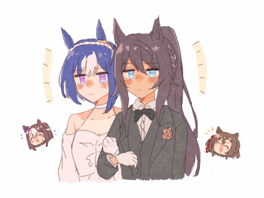 4girls animal_ears bare_shoulders black_bow black_bowtie black_hair black_jacket blue_eyes blue_hair bow bowtie braid brown_hair cesario_(umamusume) chinese_commentary collared_shirt commentary_request crown_braid dark-skinned_female dark_skin dress gloves hair_between_eyes highres horse_ears horse_girl jacket long_hair long_sleeves multicolored_hair multiple_girls pikarin_0129 purple_eyes shirt short_hair simple_background special_week_(umamusume) symboli_kris_s_(umamusume) tap_dance_city_(umamusume) tuxedo two-tone_hair umamusume upper_body wedding_dress white_background white_dress white_gloves white_hair white_shirt wife_and_wife