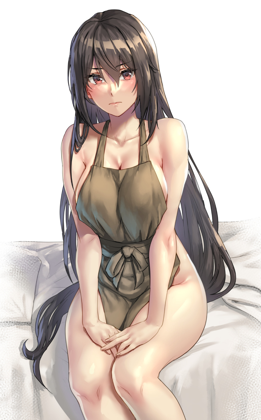 1girl apron bare_arms bare_shoulders black_hair blush breasts brown_apron cleavage closed_mouth collarbone commentary_request hair_between_eyes highres kantai_collection kokuzou large_breasts long_hair looking_at_viewer nagato_(kancolle) naked_apron red_eyes sitting solo thighs