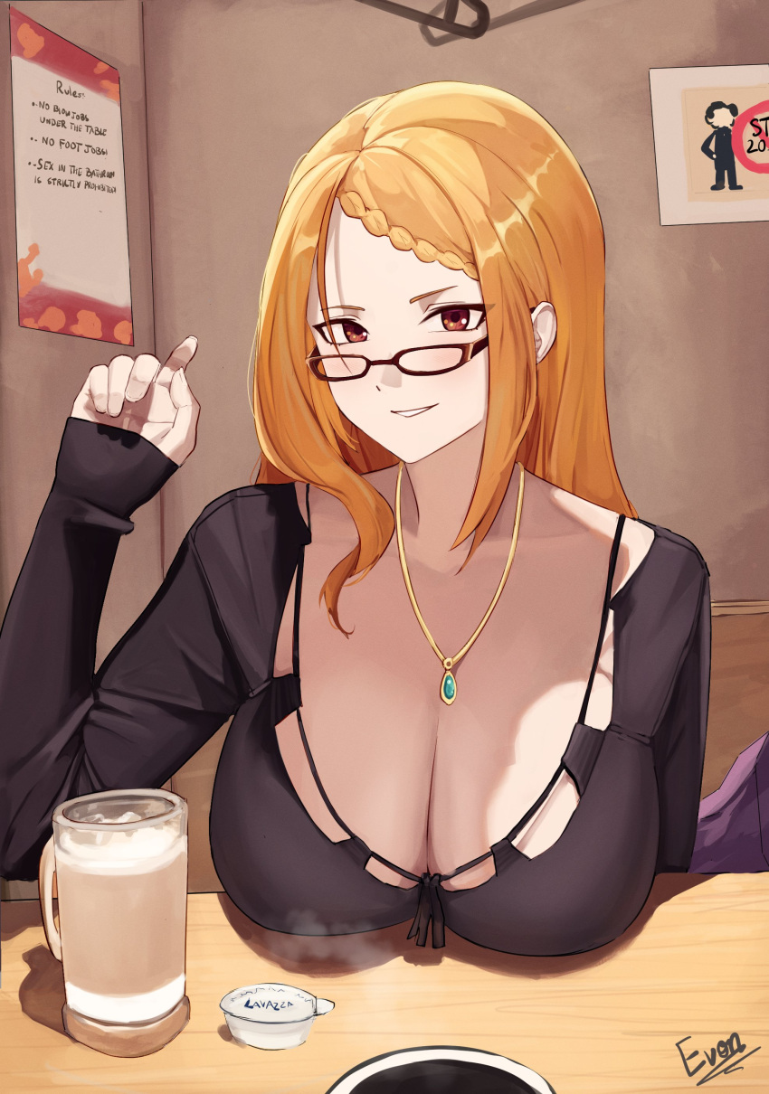 1girl absurdres akihitoevon black_dress blush braid braided_bangs breasts cleavage coffee collarbone cup dress glasses hair_ornament highres indoors jewelry large_breasts long_hair looking_at_viewer mug orange_hair pendant poster_(object) priscilla_barielle re:zero_kara_hajimeru_isekai_seikatsu red-framed_eyewear red_eyes sleeves_past_wrists smile solo swept_bangs whipped_cream