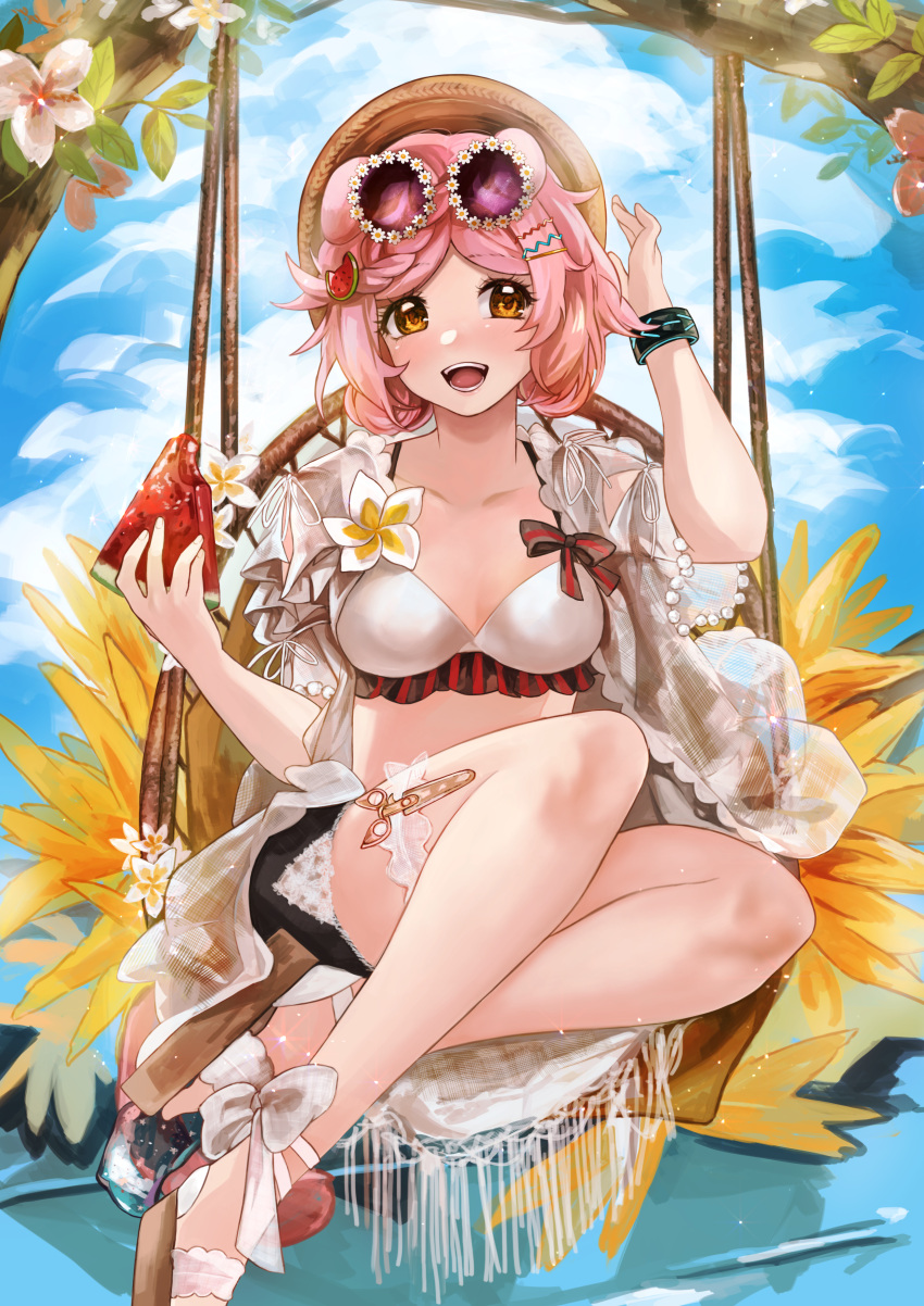 1girl :d absurdres animal_ears arknights arm_up bikini black_shorts blue_sky blush braid brown_eyes brown_footwear cat_ears cloud cloudy_sky collarbone commentary_request day eyewear_on_head flower food food-themed_hair_ornament fruit goldenglow_(arknights) goldenglow_(summer_flowers)_(arknights) hair_ornament hairclip highres holding holding_food looking_at_viewer open_clothes outdoors parted_bangs pink_hair purple-tinted_eyewear sandals sanktkaisersavia see-through short_shorts short_sleeves shorts sitting sky smile solo swimsuit tinted_eyewear water watermelon watermelon_hair_ornament watermelon_slice white_bikini yellow_flower