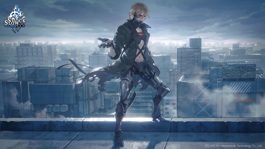 1boy artist_request blonde_hair building cityscape cloud cloudy_sky coat company_name copyright_notice cyborg full_body ganglati_(girls'_frontline) girls'_frontline green_coat hair_between_eyes highres long_sleeves looking_at_viewer male_focus mechanical_parts metal_jaw navel nyto_(girls'_frontline) official_art outdoors outstretched_hand paradeus prosthesis prosthetic_arm prosthetic_leg rooftop second-party_source short_hair sky smile solo standing torn_clothes torn_coat
