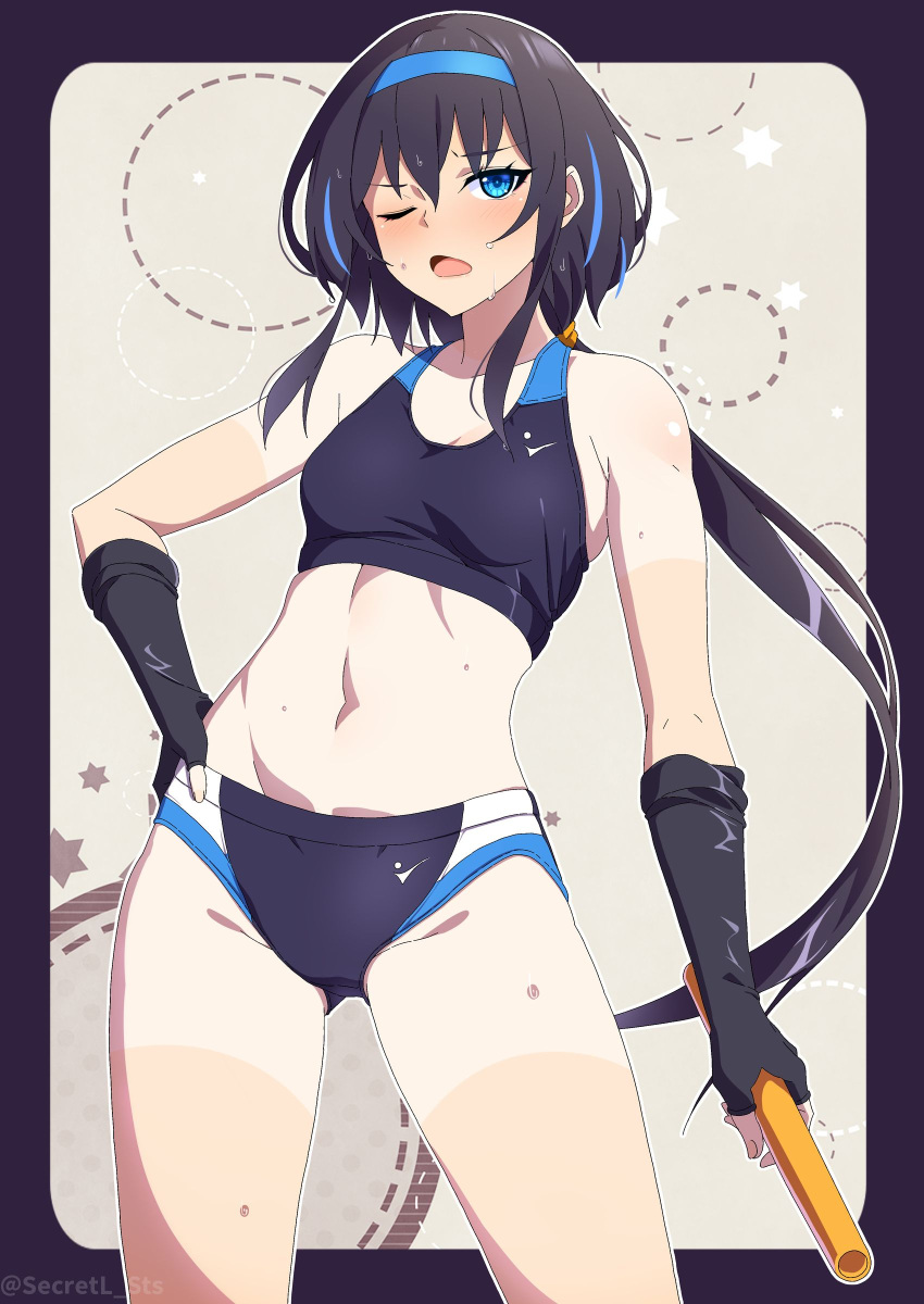 1girl ;o absurdres artist_name ass_visible_through_thighs barre baton black_gloves black_hair blue_eyes blue_hair blue_hairband blush border breasts brown_background closed_mouth collarbone cowboy_shot elbow_gloves gloves hairband hand_on_own_hip highres long_hair looking_at_viewer low_ponytail multicolored_hair navel one-piece_tan one_eye_closed open_mouth original outside_border purple_border sebunsu small_breasts solo star_(symbol) stomach streaked_hair tan tanlines track_uniform twitter_username two-tone_hair very_long_hair