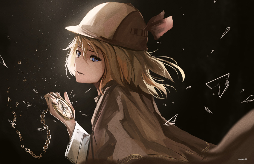 1girl absurdres advarcher blonde_hair blue_eyes bob_cut brown_capelet brown_headwear capelet commentary deerstalker expressionless from_side hat highres holding holding_pocket_watch hololive hololive_english long_sleeves looking_at_viewer medium_hair parted_lips pocket_watch solo upper_body virtual_youtuber watch watson_amelia watson_amelia_(1st_costume)