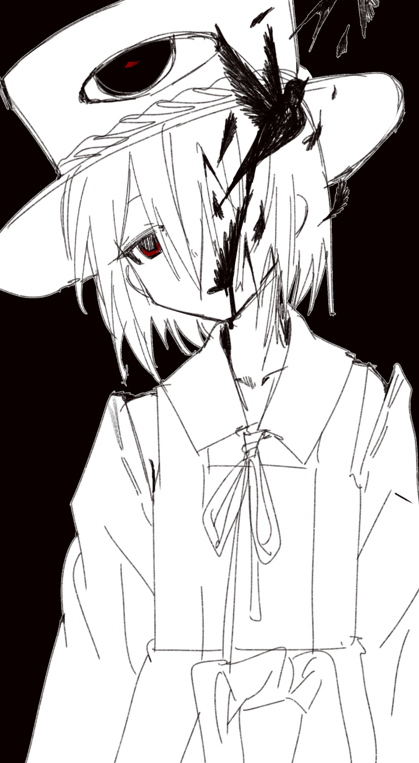 1other absurdres androgynous bingkuaihei bird black_background chinese_commentary collared_shirt commentary_request detached_sleeves enraku_tsubakura hat highres len'en long_sleeves neck_ribbon other_focus red_eyes ribbon ribbon-trimmed_sleeves ribbon_trim shirt simple_background sketch sleeveless sleeveless_shirt solo spot_color upper_body