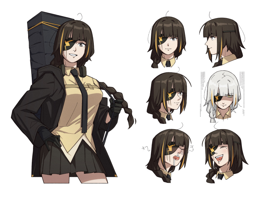 1girl black_gloves black_jacket black_necktie black_skirt braid breasts brown_hair brown_shirt drooling emile_aoi eyepatch girls'_frontline gloves grey_eyes grey_hair headphones headphones_around_neck highres jacket long_braid looking_at_viewer m16a1_(girls'_frontline) mole mole_under_eye multicolored_hair multiple_views necktie one_eye_closed open_clothes open_jacket open_mouth orange_hair parted_lips particle_cannon_case pleated_skirt scar scar_across_eye shirt skirt smile straight-on streaked_hair teardrop white_background