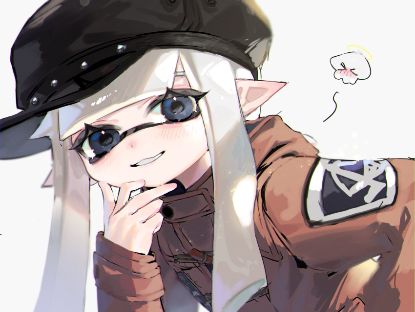 1girl black_headwear blue_eyes brown_jacket eyelashes hat highres inkling inkling_girl jacket long_hair looking_at_viewer parted_lips pointy_ears simple_background smile solo splatoon_(series) teeth tentacle_hair upper_body white_background white_hair yomeniwan