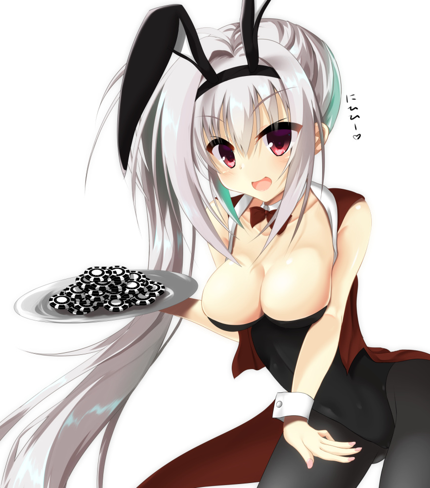 1girl animal_ears ass_visible_through_thighs bare_shoulders black_leotard black_pantyhose blush bow bowtie breasts cleavage collarbone commentary_request cowboy_shot detached_collar dracu-riot! elena_olegovna_owen eyes_visible_through_hair fake_animal_ears grey_hair hair_between_eyes heart highres holding holding_tray large_breasts leotard long_hair looking_at_viewer official_alternate_costume official_alternate_hairstyle open_mouth pantyhose playboy_bunny rabbit_ears red_bow red_bowtie red_eyes side_ponytail simple_background smile solo strapless strapless_leotard tachibana_akane_(akane780u) translated transparent_background tray v-shaped_eyebrows very_long_hair white_wrist_cuffs wrist_cuffs