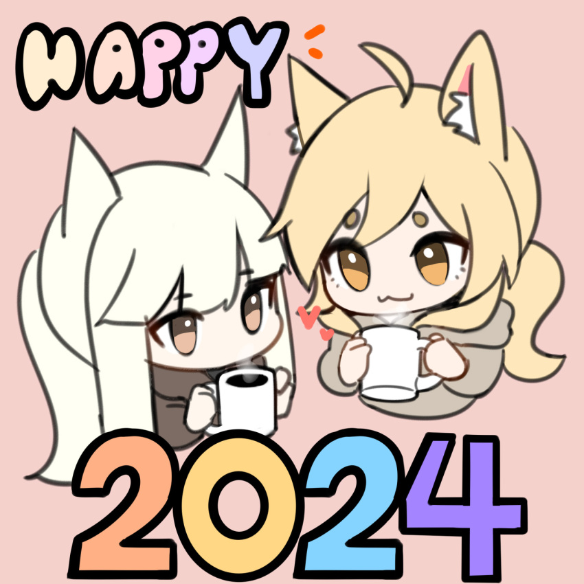 2024 2girls :3 ahoge animal_ear_fluff animal_ears arknights blonde_hair brown_background brown_eyes brown_hoodie chibi closed_mouth cup grey_hoodie heart highres holding holding_cup hood hood_down hoodie horse_ears mug multiple_girls nearl_(arknights) platinum_(arknights) simple_background steam supershrimpcakes white_hair